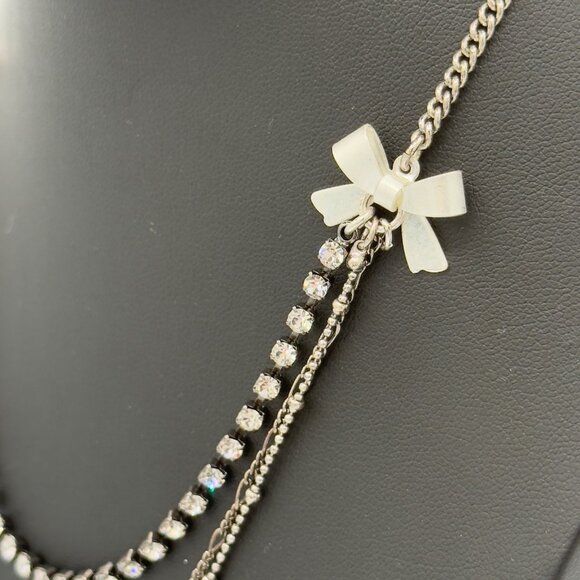 Betsey Johnson Layered Necklace Key Heart Pendants Rhinestones Bow Accents - Picture 4 of 15
